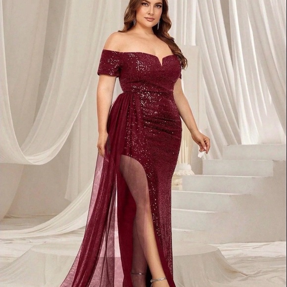 Faeriesty Dresses & Skirts - Glamorous Off-Shoulder Burgundy Sequin Gown